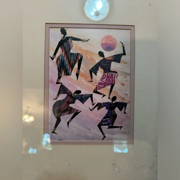 Vintage Edward Halessie Framed Lithograph Celebration Print 17x15 Africa Art